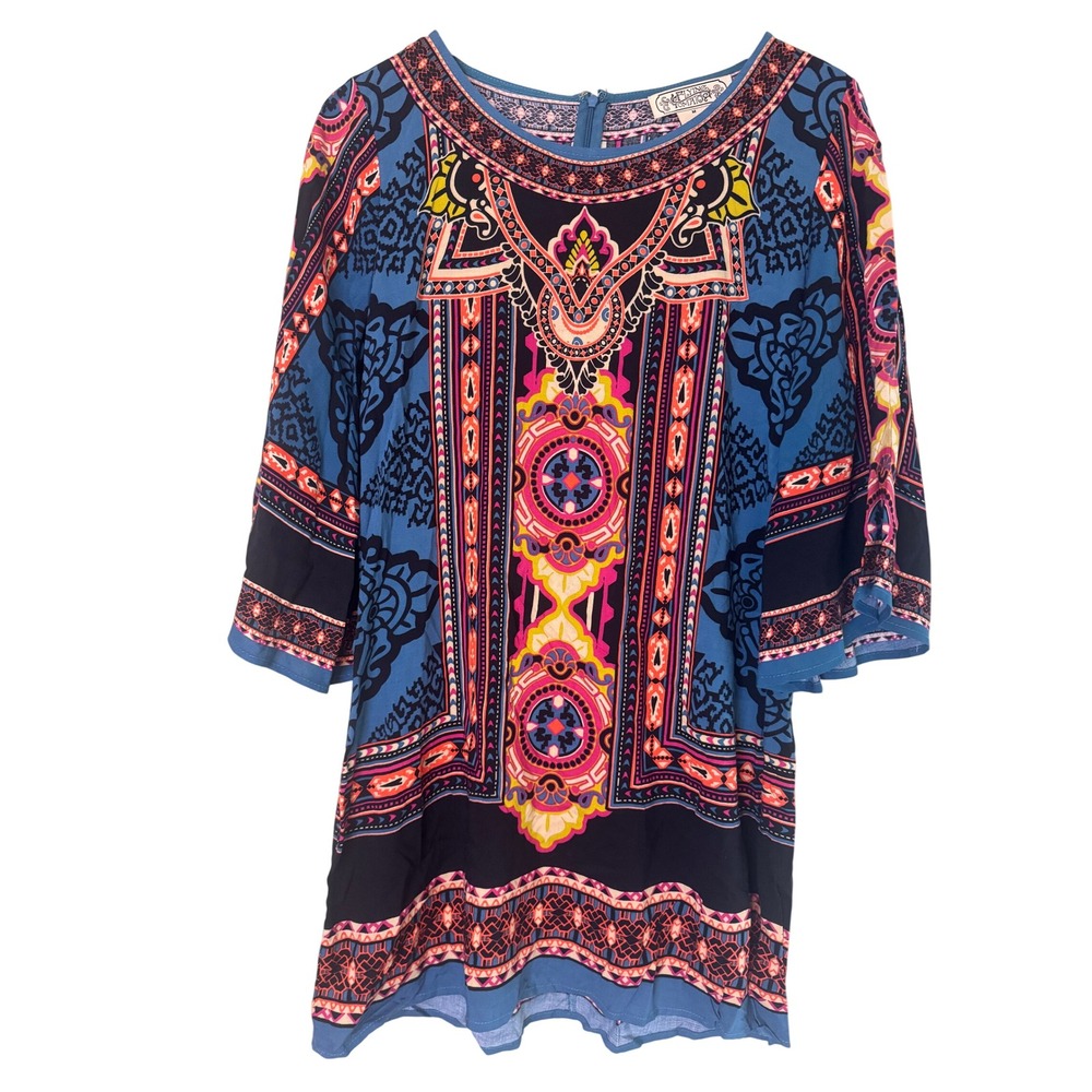 Flying Tomato‎ Womens Blue Pink Medallion Print Bell Sleeve Shift Boho Dress M